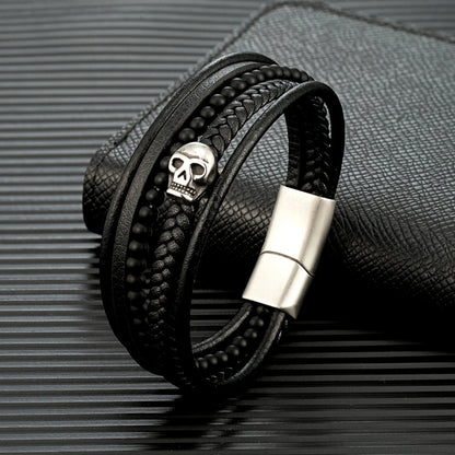 gothic skull bracelet for men with black lava stone beads