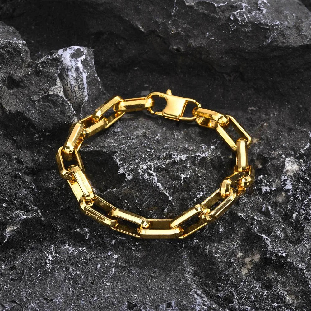 men's heavy gold stainless steel chain bracelet rectangle links
