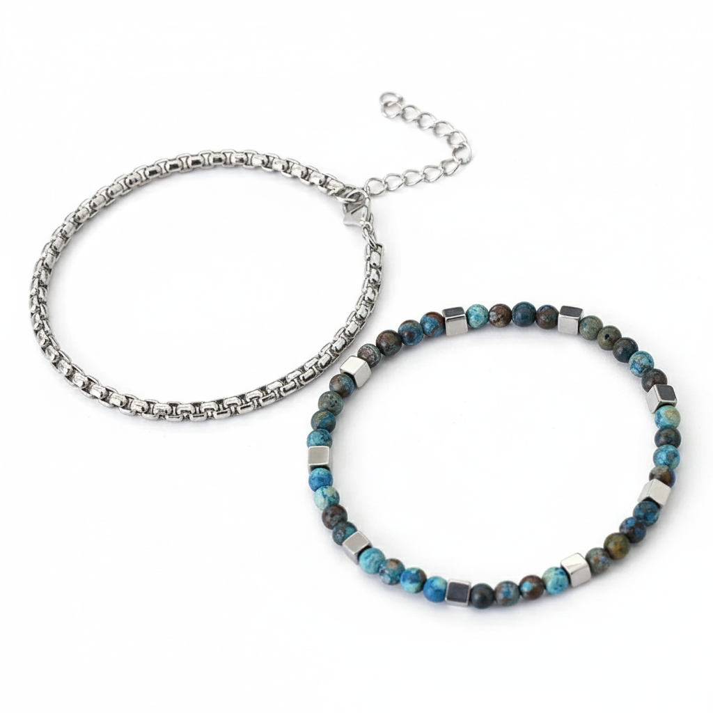 men's 4mm hematite stone beaded bracelet set