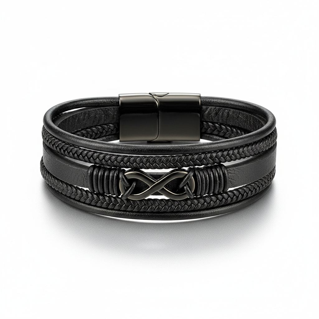 men's infinity braided leather bracelet with multilayer black leather