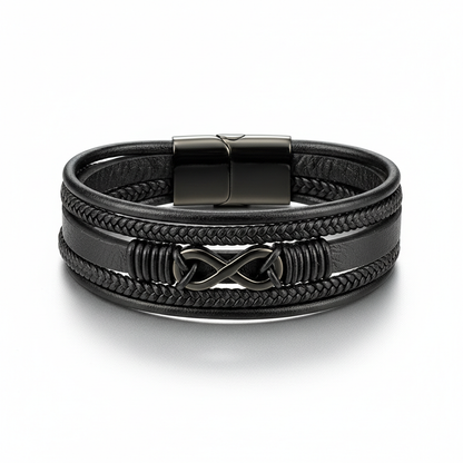 men's infinity braided leather bracelet with multilayer black leather