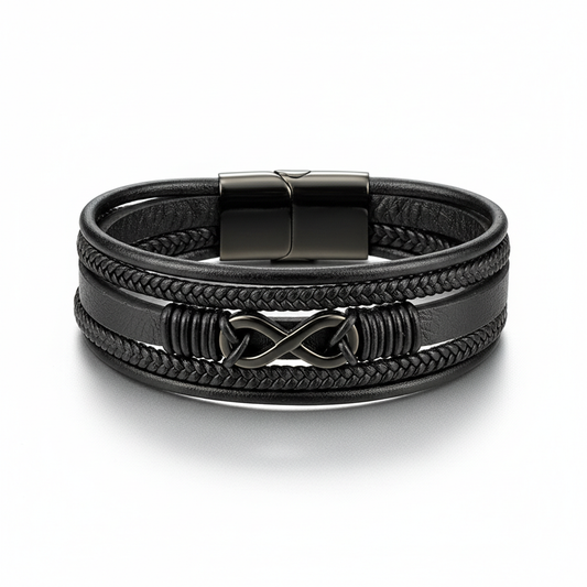 men's infinity braided leather bracelet with multilayer black leather