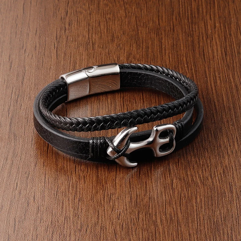 men's layered leather bracelet with anchor charm black design