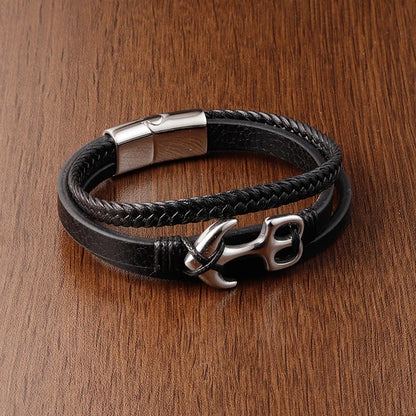 men's layered leather bracelet with anchor charm black design