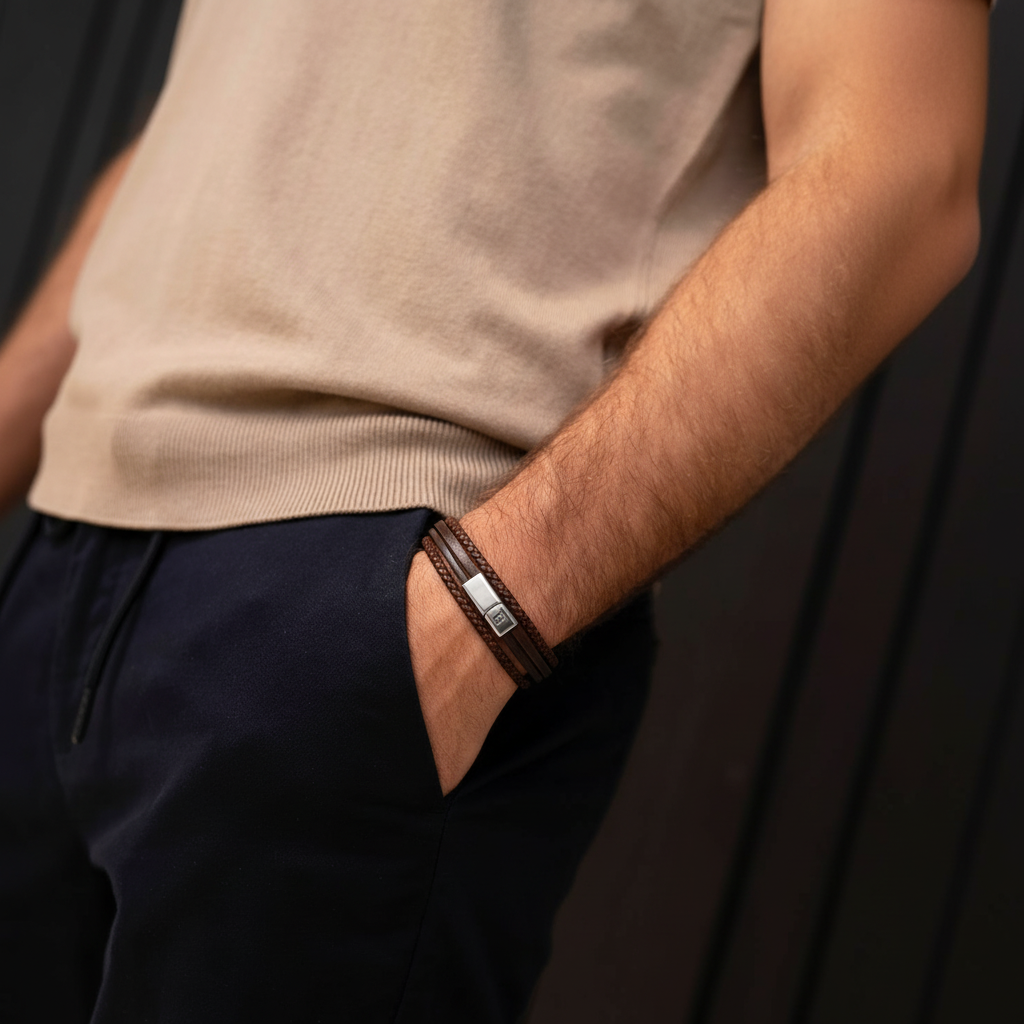 men's layered braided leather bracelet with stainless steel plate on wrist