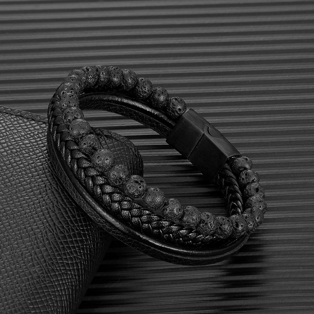 men's layered lava stone bracelet with braided leather