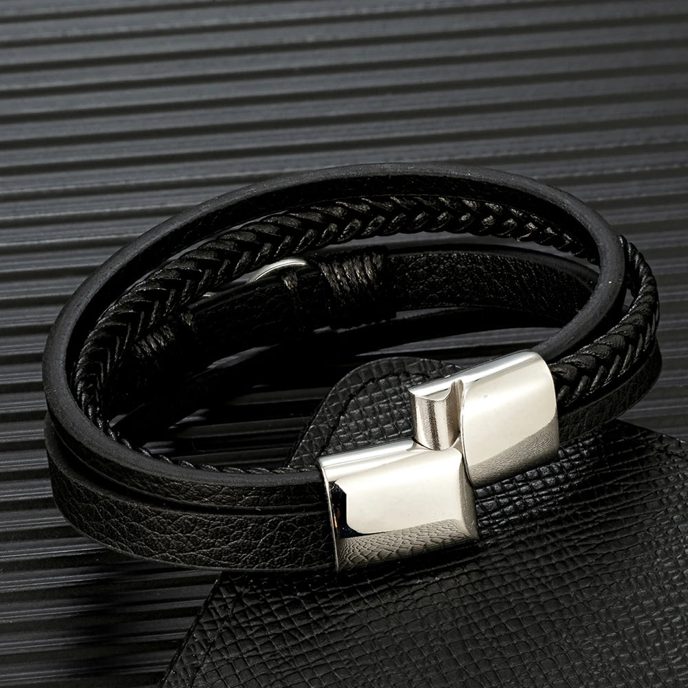 men's layered leather bracelet with infinity charm and stainless steel clasp