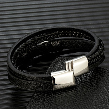 men's layered leather bracelet with infinity charm and stainless steel clasp