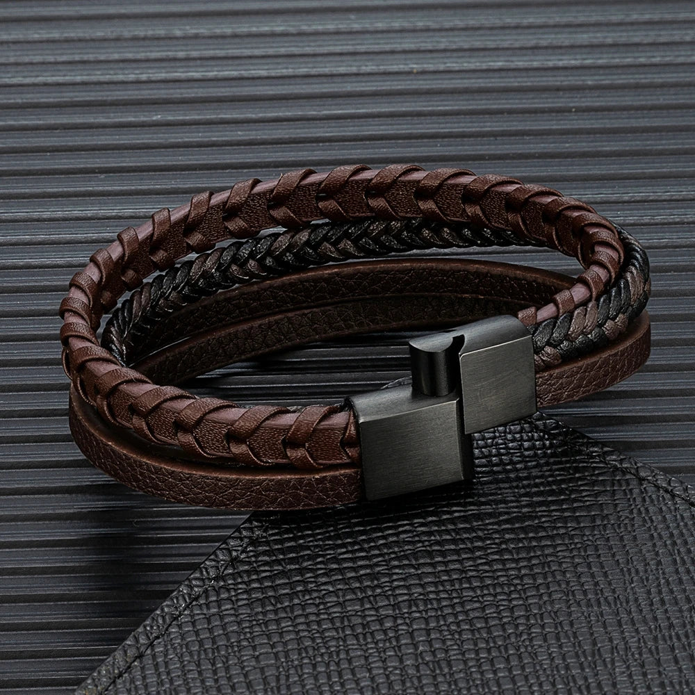 men's layered braided leather bracelet with stainless steel plate