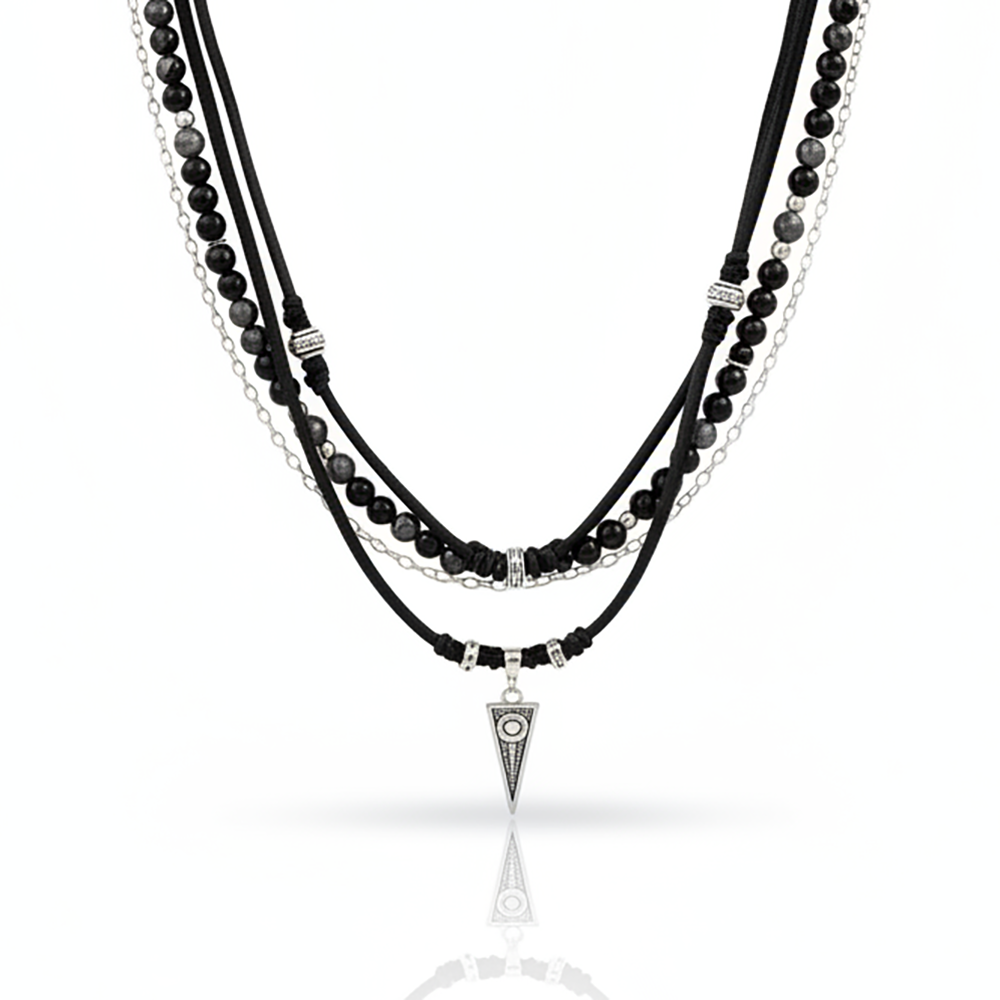 Men’s layered necklace set with beads and stainless steel chains
