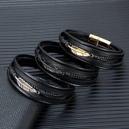 men's silver, black and gold leather bracelet featuring feather charm