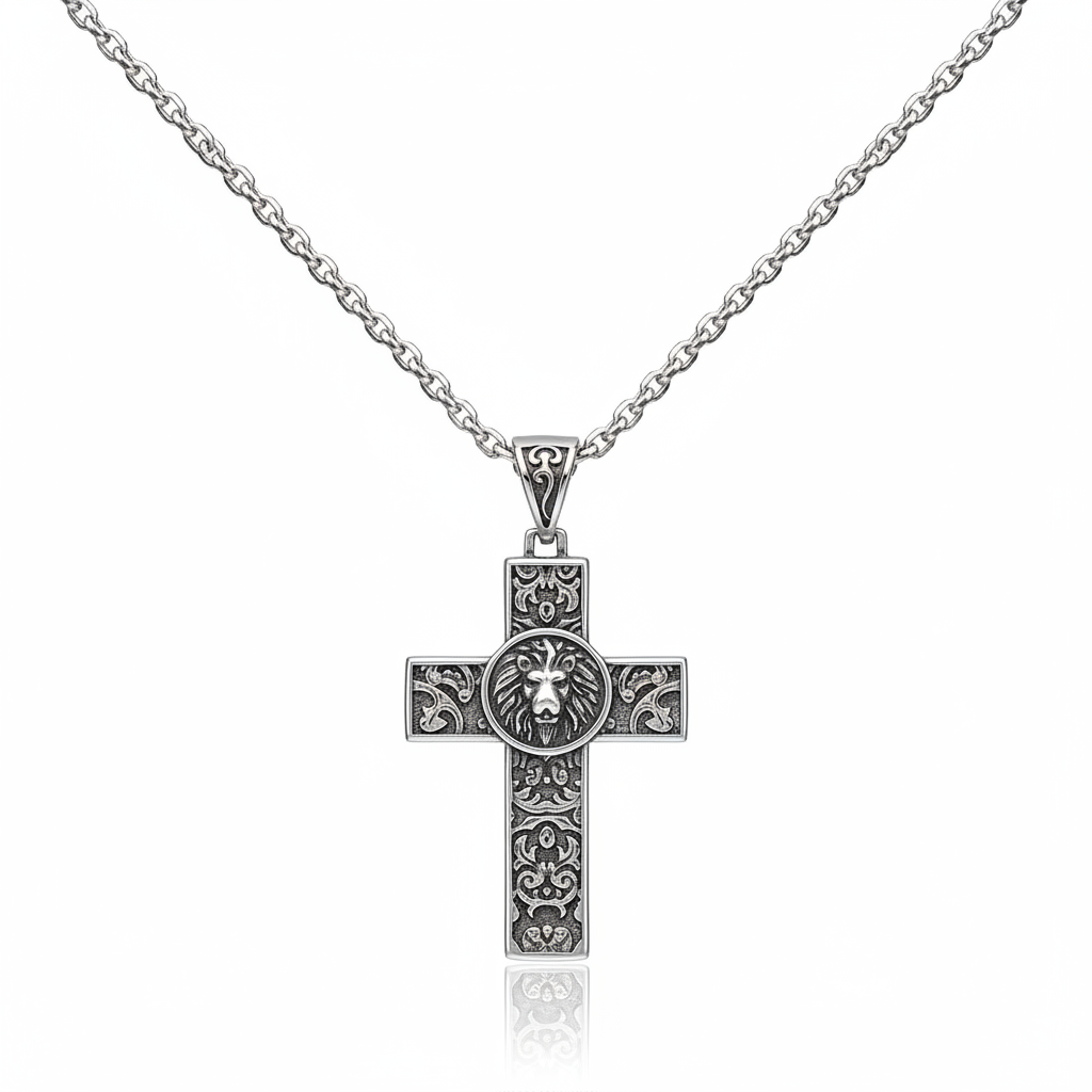 Men’s stainless steel lion cross pendant necklace with engraved details