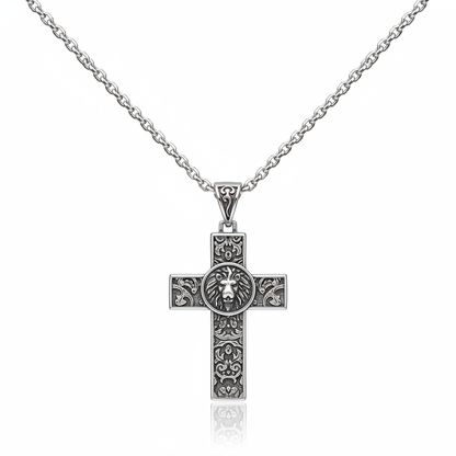 Men’s stainless steel lion cross pendant necklace with engraved details