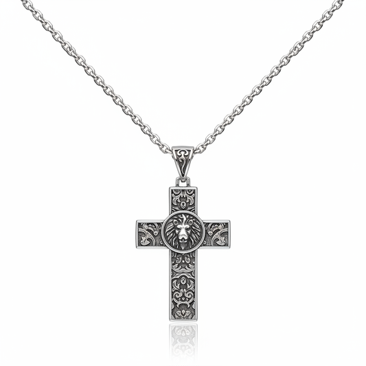 Men’s stainless steel lion cross pendant necklace with engraved details