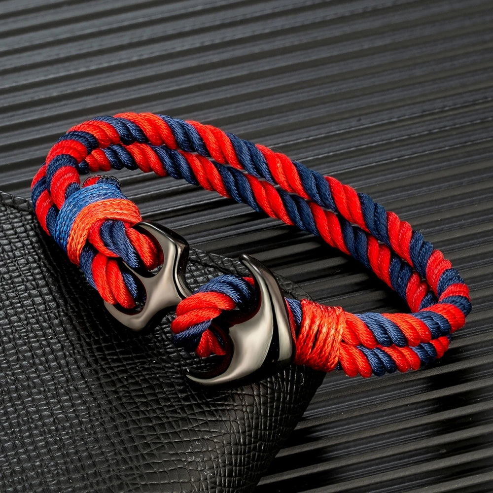 Men’s nautical anchor rope bracelet with blue and red double strand marine cord and stainless steel anchor clasp