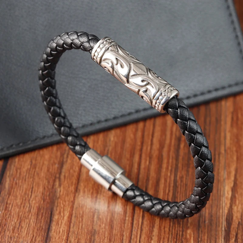 minimalist men's leather bracelet with braided design and steel detail