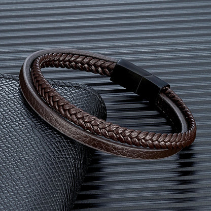 minimalist men's leather bracelet with braided double strand design
