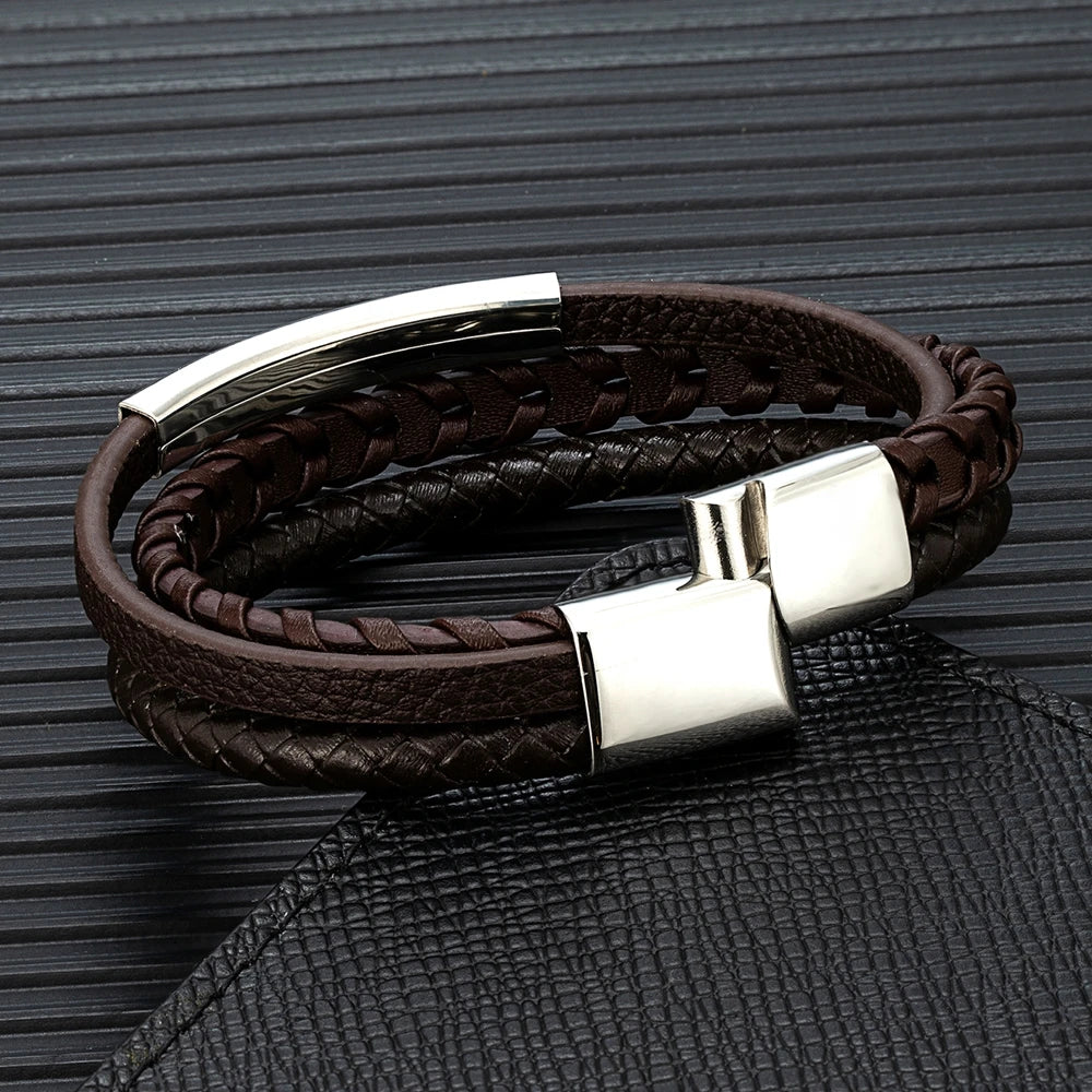 minimalist men's braided leather bracelet with stainless steel clasp