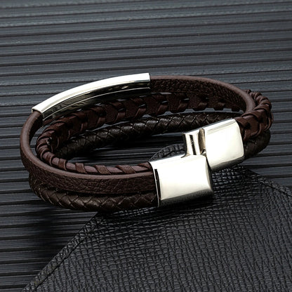 minimalist men's braided leather bracelet with stainless steel clasp