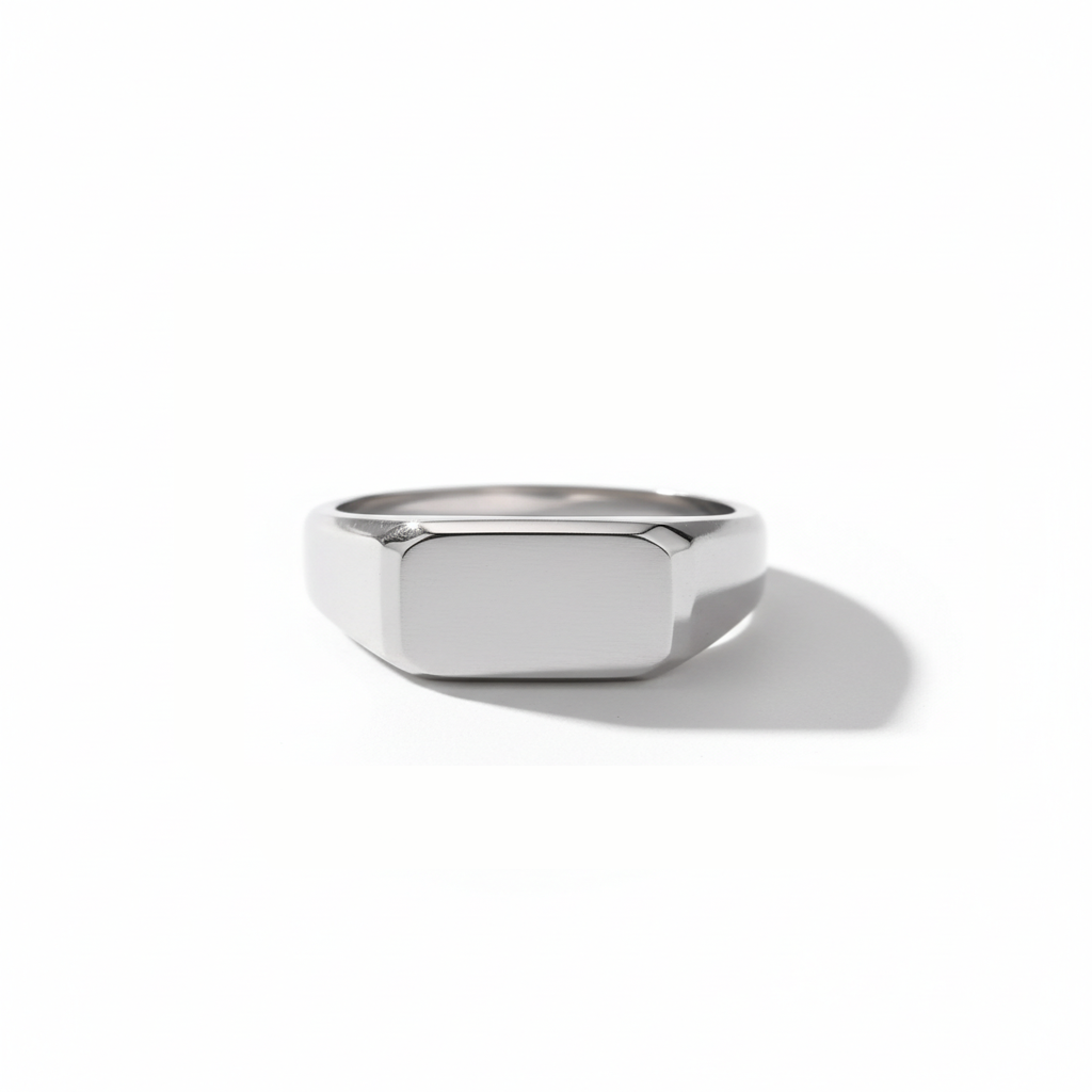 Minimalist rectangular signet ring for men in brushed stainless steel