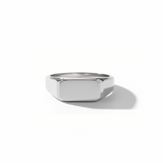 Minimalist rectangular signet ring for men in brushed stainless steel