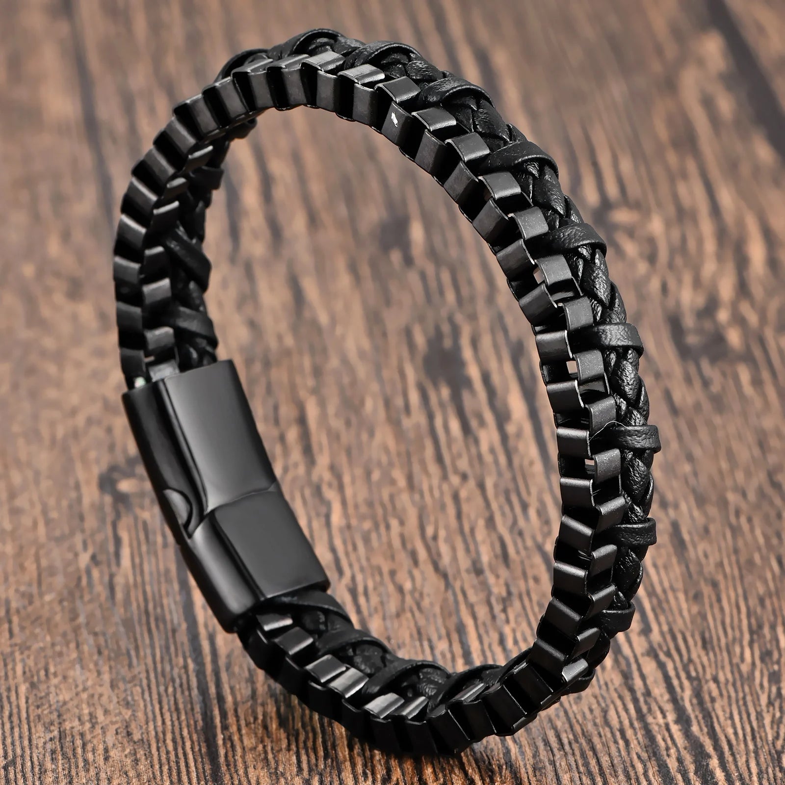 modern men's bracelet stainless steel and leather combination