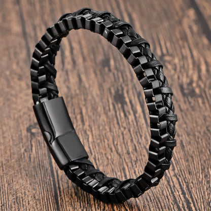 modern men's bracelet stainless steel and leather combination