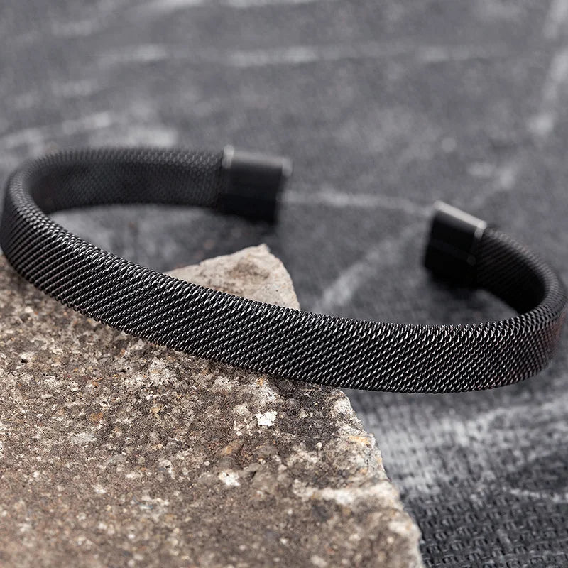 men's modern black mesh stainless steel bracelet