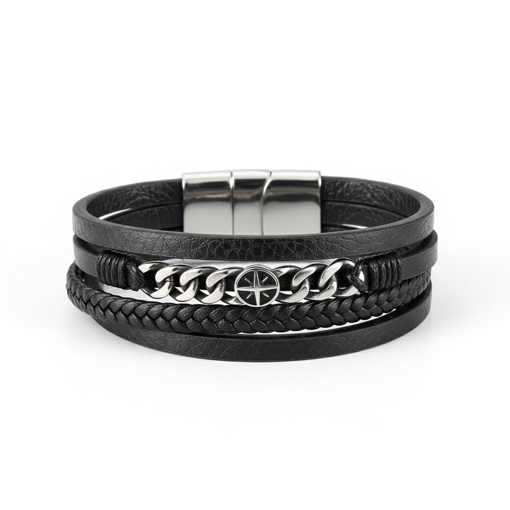 Alt Text
men's black multi layer leather bracelet with chain detail