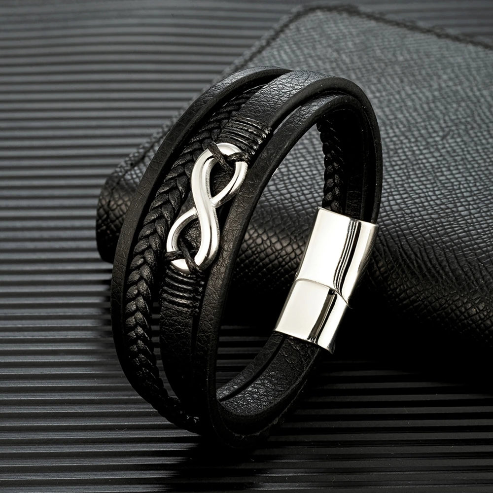 men's multilayer braided leather bracelet with infinity centerpiece