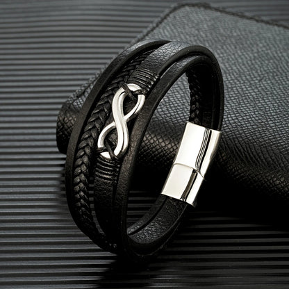 men's multilayer braided leather bracelet with infinity centerpiece