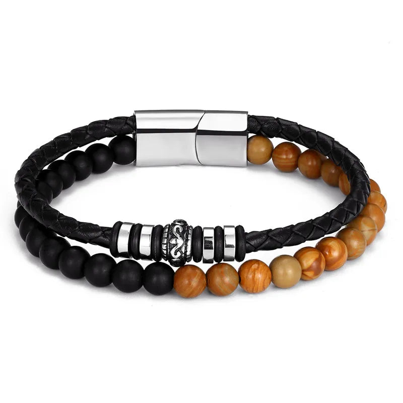 men's natural stone beaded bracelet with braided leather and stainless steel clasp