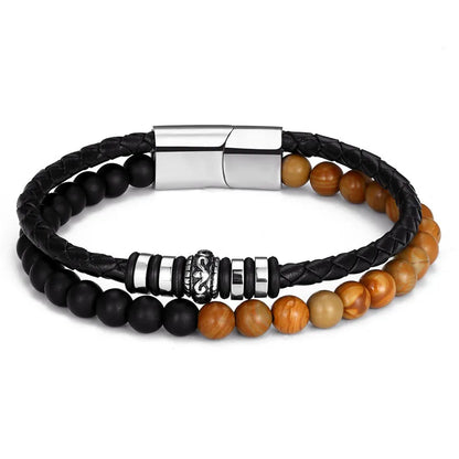 men's natural stone beaded bracelet with braided leather and stainless steel clasp