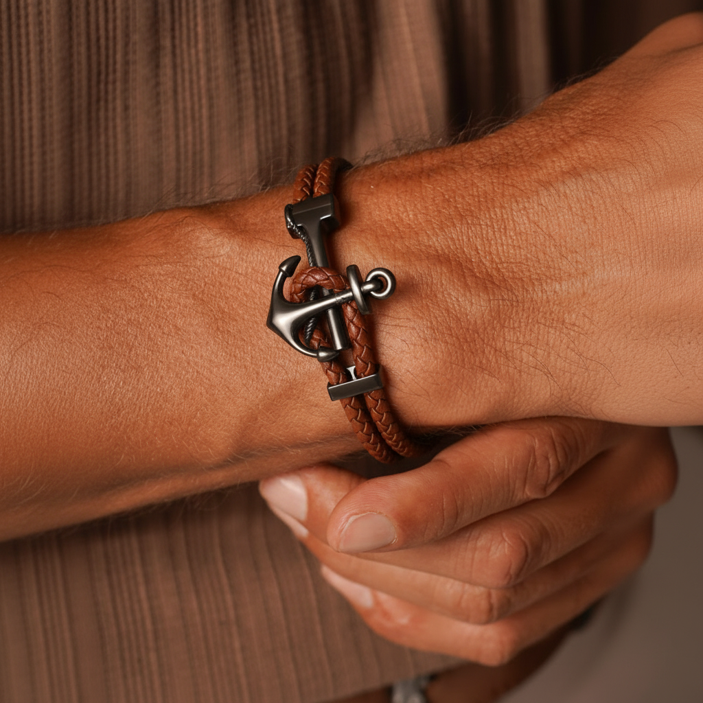 men's brown braided leather bracelet with anchor clasp on wrist