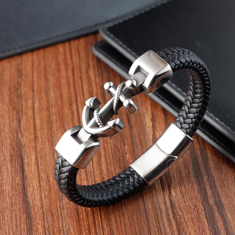 men's leather bracelet with anchor symbol minimalist style