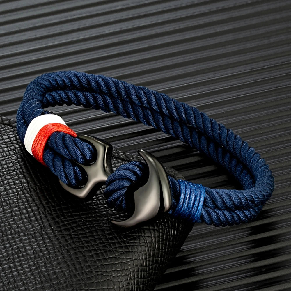 Men’s nautical anchor rope bracelet with blue double strand marine cord and stainless steel anchor clasp