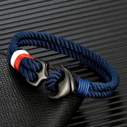 Men’s nautical anchor rope bracelet with blue double strand marine cord and stainless steel anchor clasp