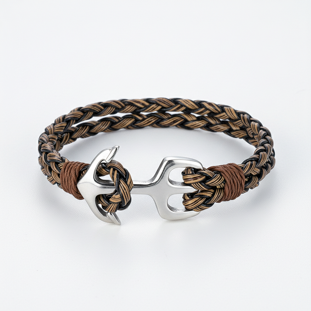 men's khaki and black braided rope bracelet with stainless steel anchor clasp