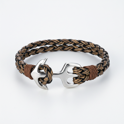 men's khaki and black braided rope bracelet with stainless steel anchor clasp