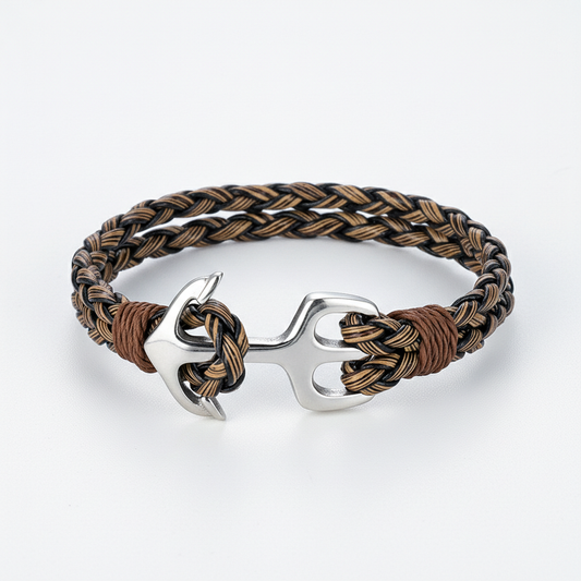 men's khaki and black braided rope bracelet with stainless steel anchor clasp