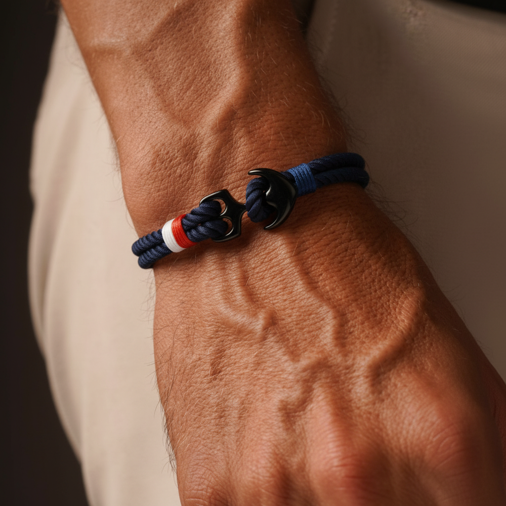 Men wearing nautical anchor rope bracelet on wrist with navy cord and black anchor clasp