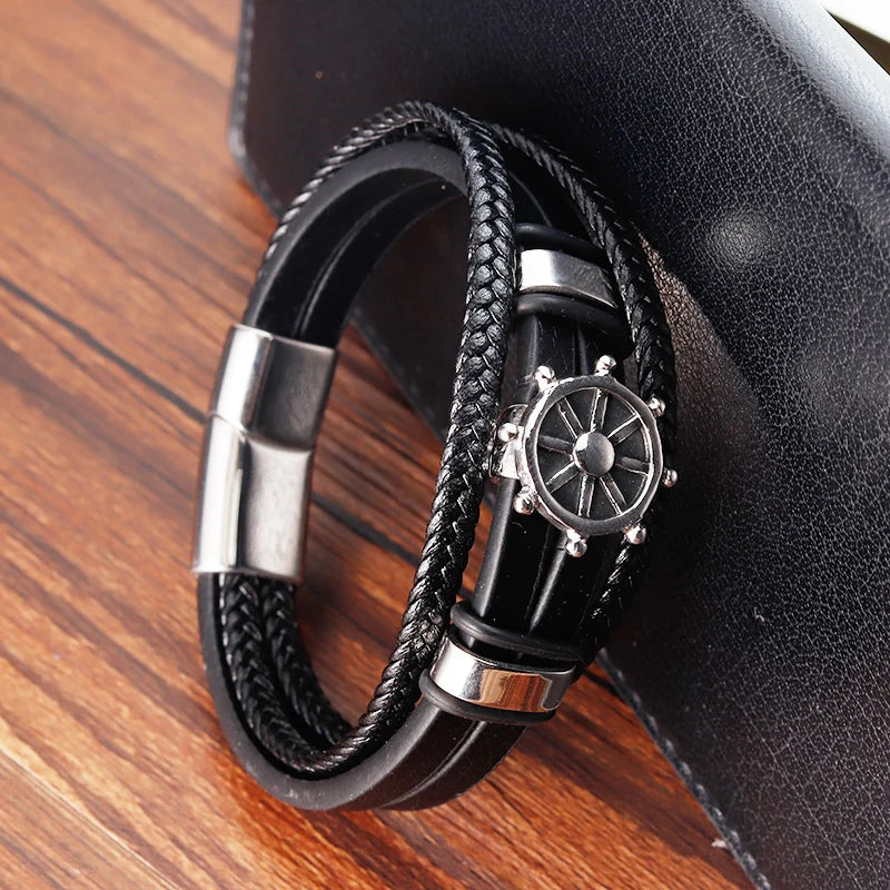 men's nautical leather bracelet with stainless steel ship wheel