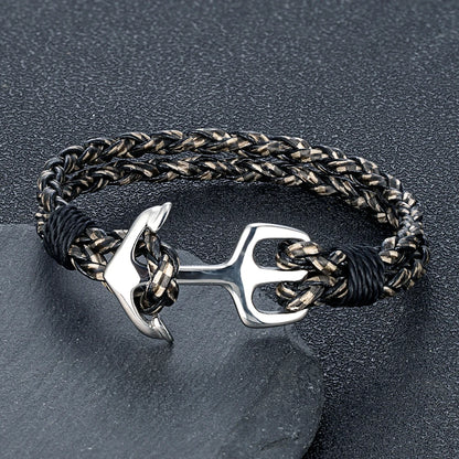 men's marine style black khaki rope bracelet with stainless steel anchor