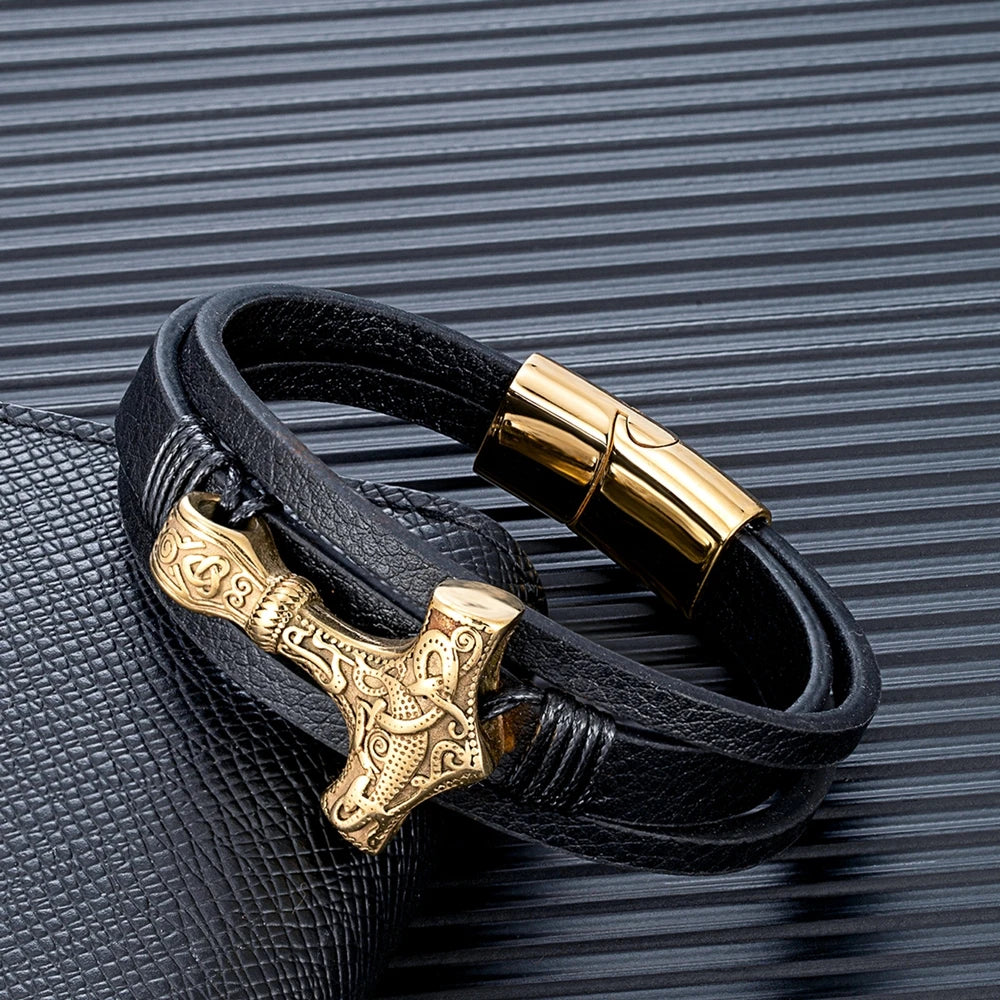 men's norse gold mjolnir bracelet with black braided leather strap