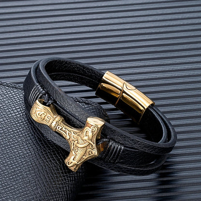 men's norse gold mjolnir bracelet with black braided leather strap