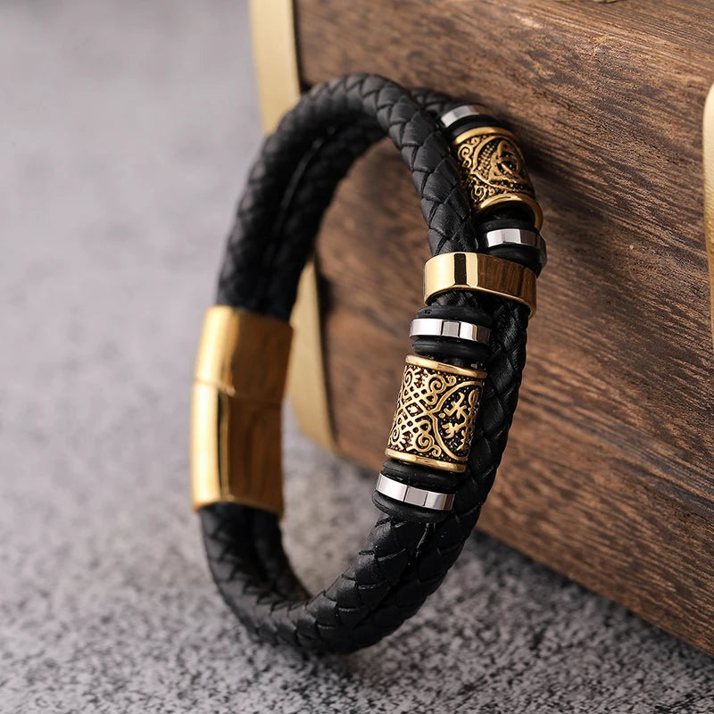 norse rune bracelet for men with black braided leather