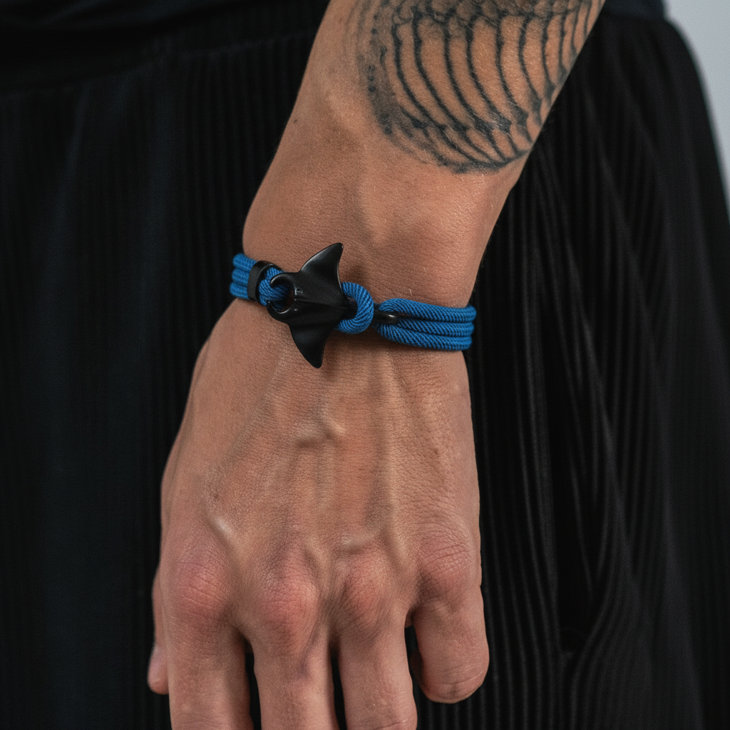 men's ocean rope bracelet featuring black manta ray design on wrist