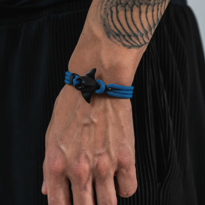 men's ocean rope bracelet featuring black manta ray design on wrist