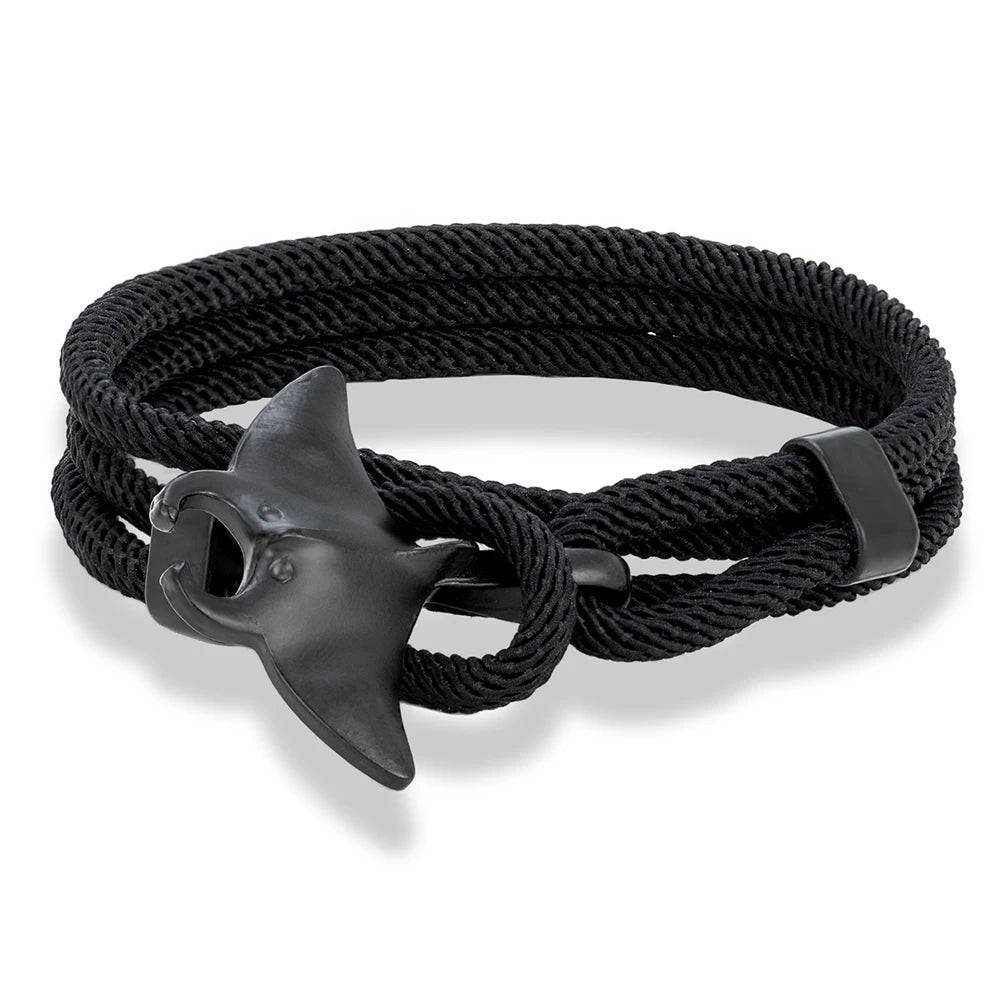 men's ocean rope bracelet featuring black manta ray design