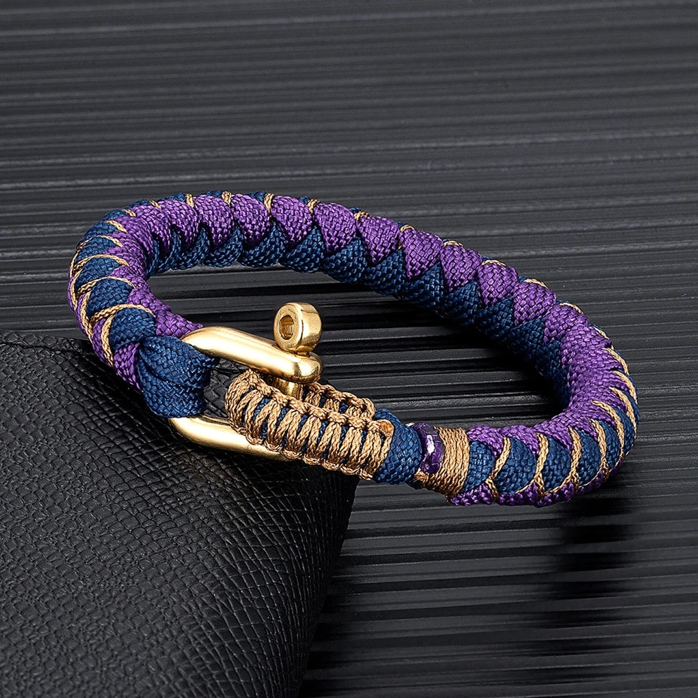 men's outdoor paracord bracelet purple and blue braided rope design